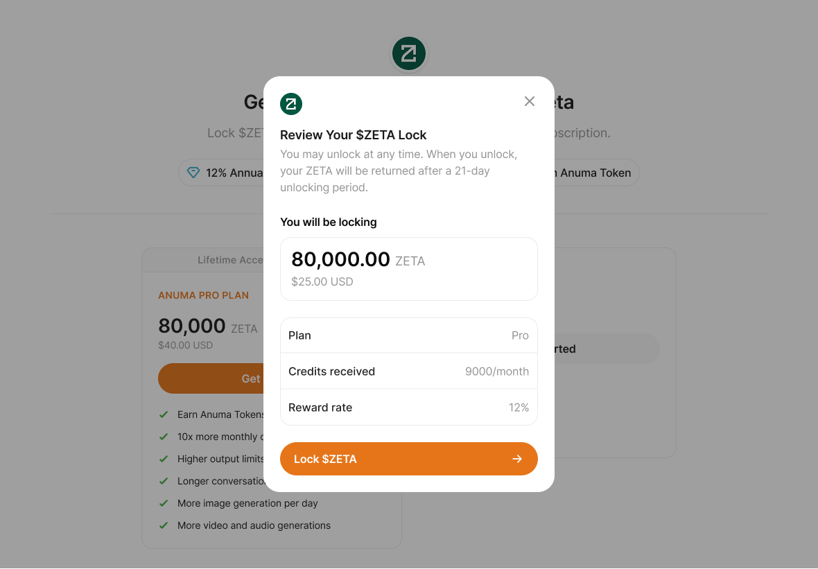 Review your ZETA lock screen showing amount, plan tier, credits received per month, and 12% reward rate