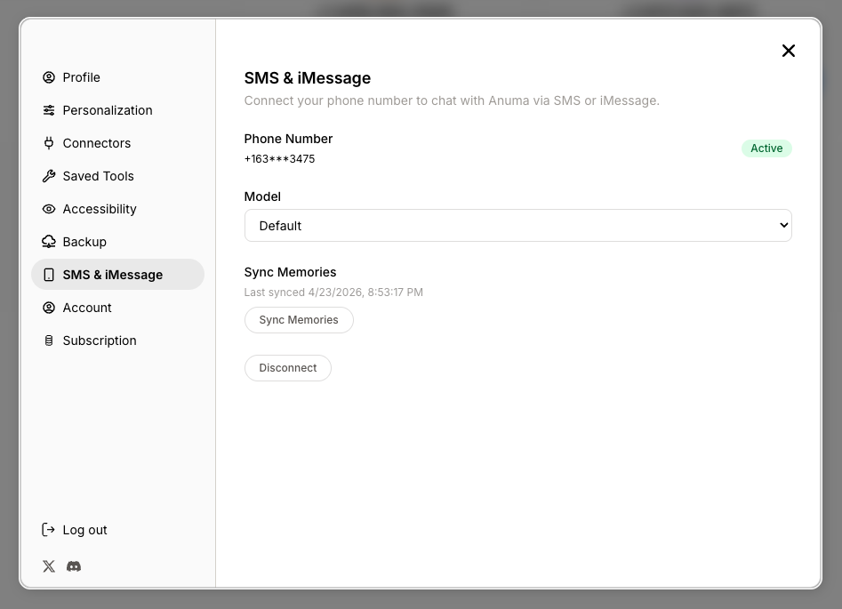 SMS and iMessage settings showing connected phone number, preferred model selector, and sync memories controls