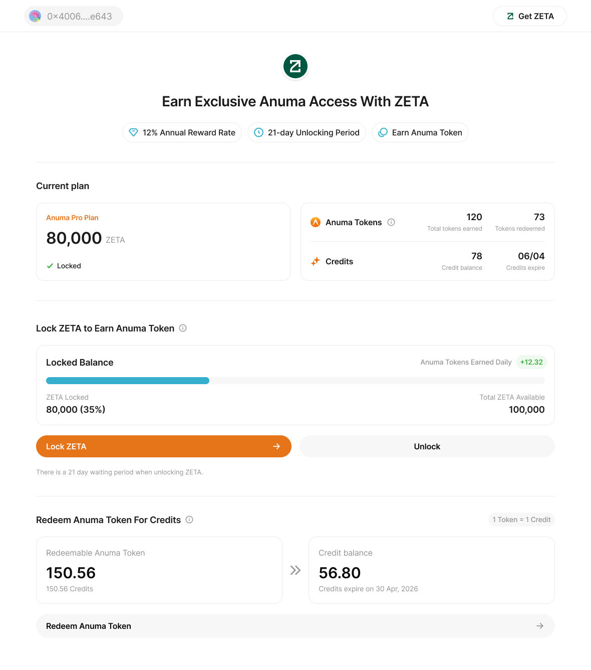 Anuma Access dashboard showing 80,000 ZETA locked, daily Anuma Token earnings, and credit balance