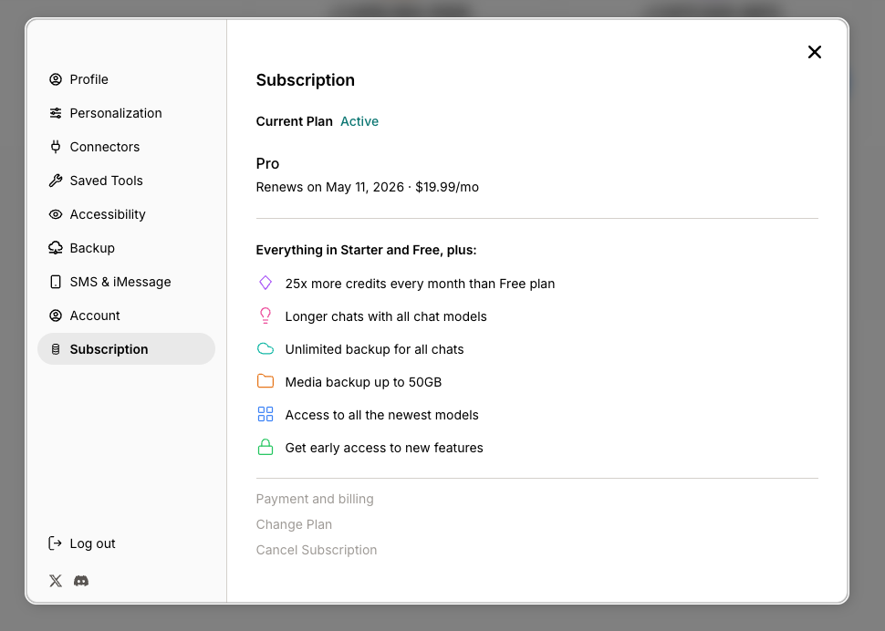 Subscription settings showing the active Pro plan with renewal date, monthly price, and included features