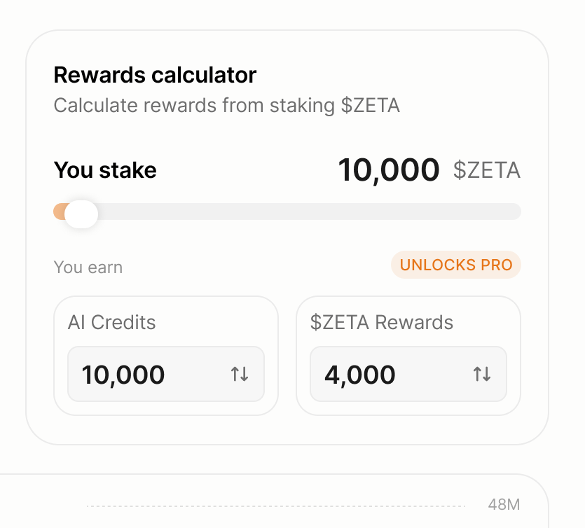 Token Dashboard rewards calculator estimating AI Credits and ZETA Rewards for an amount of staked ZETA, with an "Unlocks Pro" badge