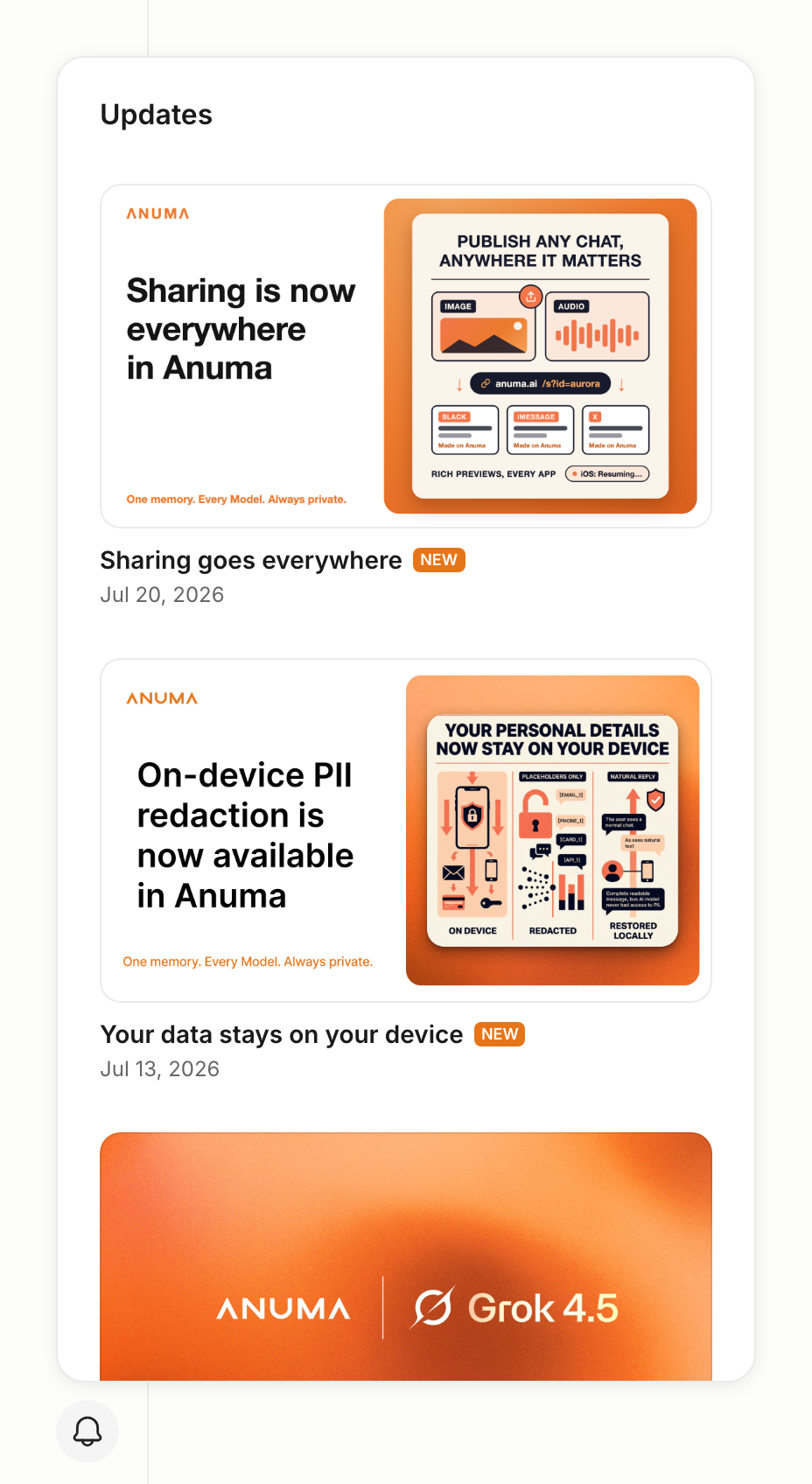 The Updates panel open above the bell icon in the Anuma sidebar