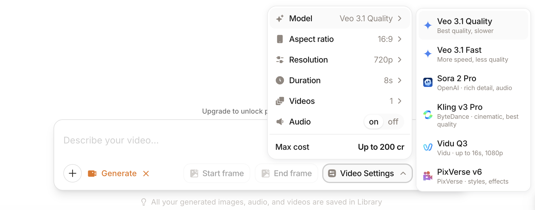 Video Studio settings with model options — Veo 3.1 Quality, Veo 3.1 Fast, Sora 2 Pro, Kling v3 Pro, Vidu Q3, PixVerse v6