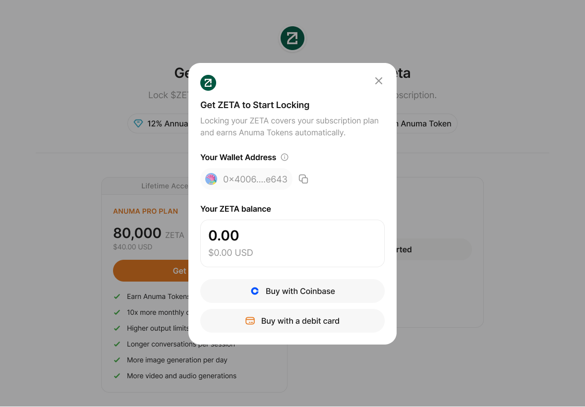 Get ZETA modal showing wallet address and Buy with Coinbase and Buy with debit card options