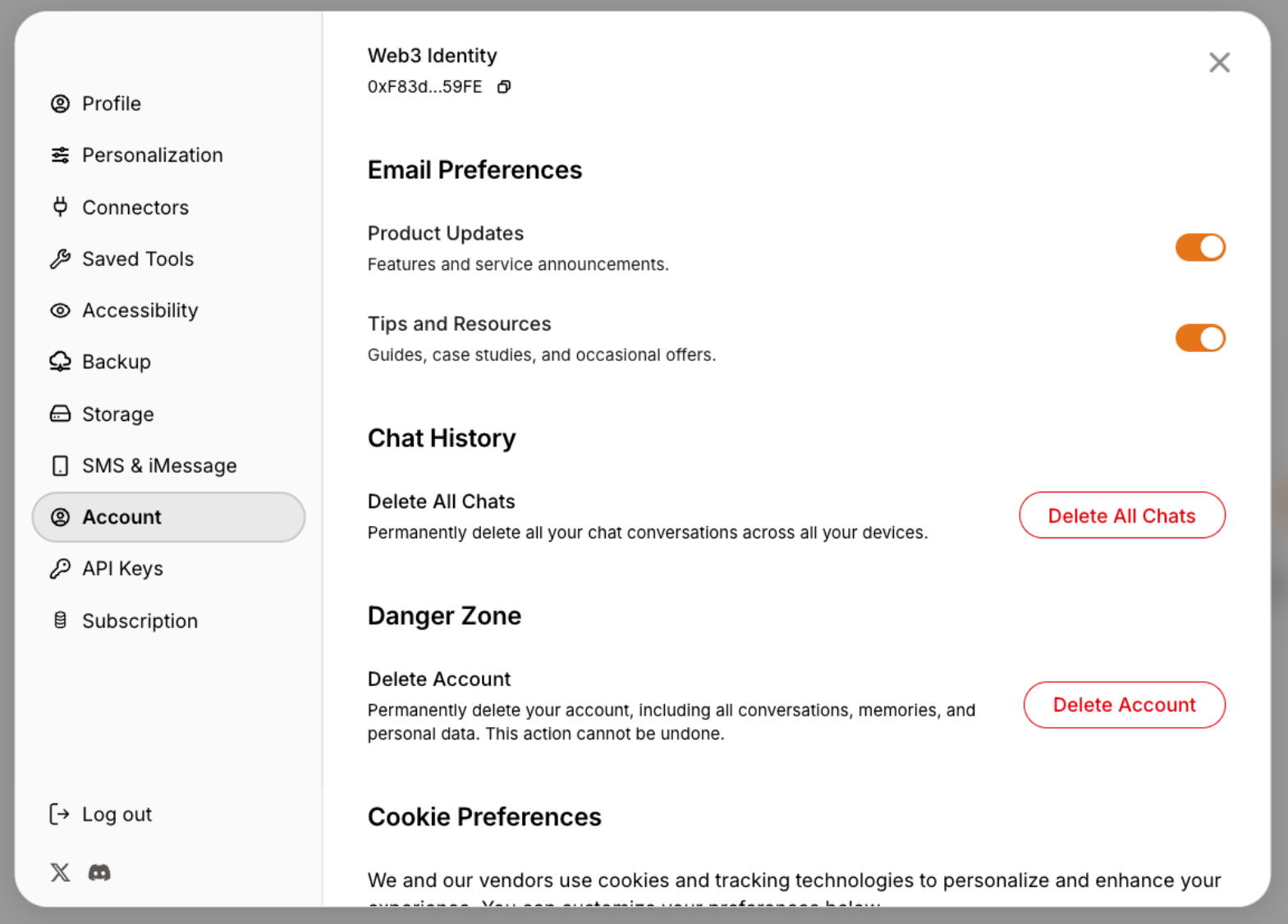 Account settings panel with the Danger Zone section visible and the Delete Account button on the right
