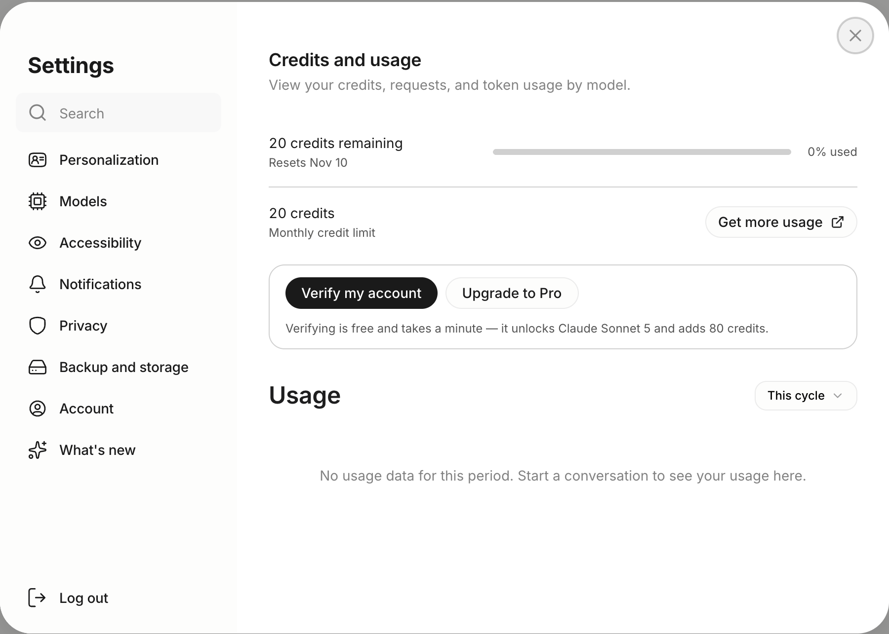 Credits and usage in Settings on the web, with the credits remaining, the Get more usage link and the usage panel for the current cycle