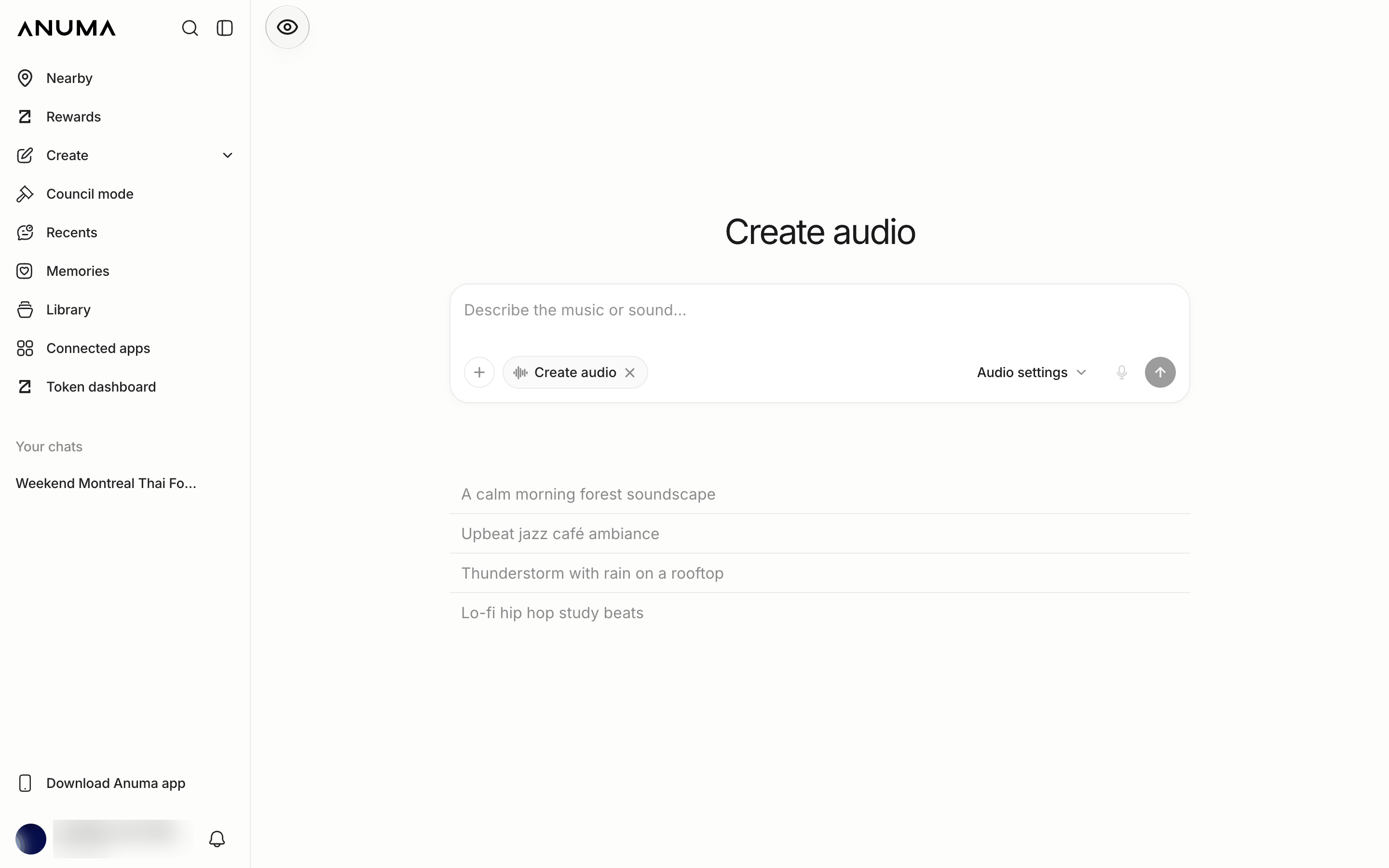 The Create audio page on the web with the Create audio chip, the Audio settings menu and example prompts