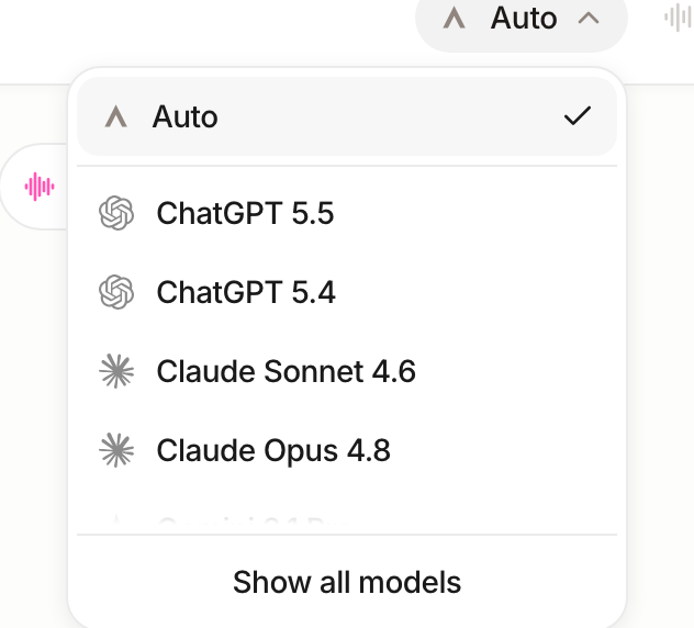 Auto Model dropdown open with Auto selected at the top and individual models listed below