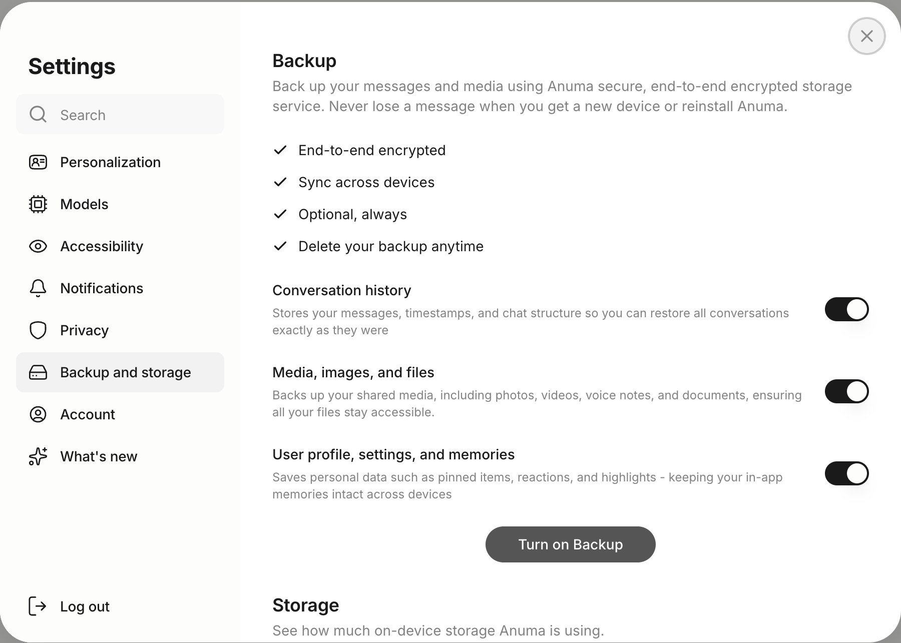 Backup and storage settings on the web with the backup toggles for conversation history, media and profile, the Turn on Backup button and the Storage section