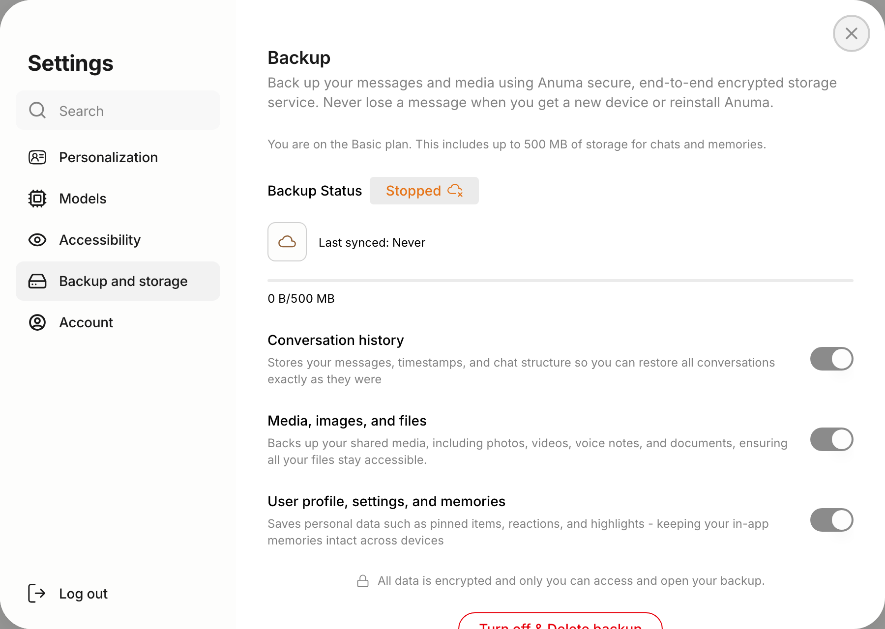 Backup settings panel showing sync status, storage usage, and backup toggles for conversations, media, and user profile