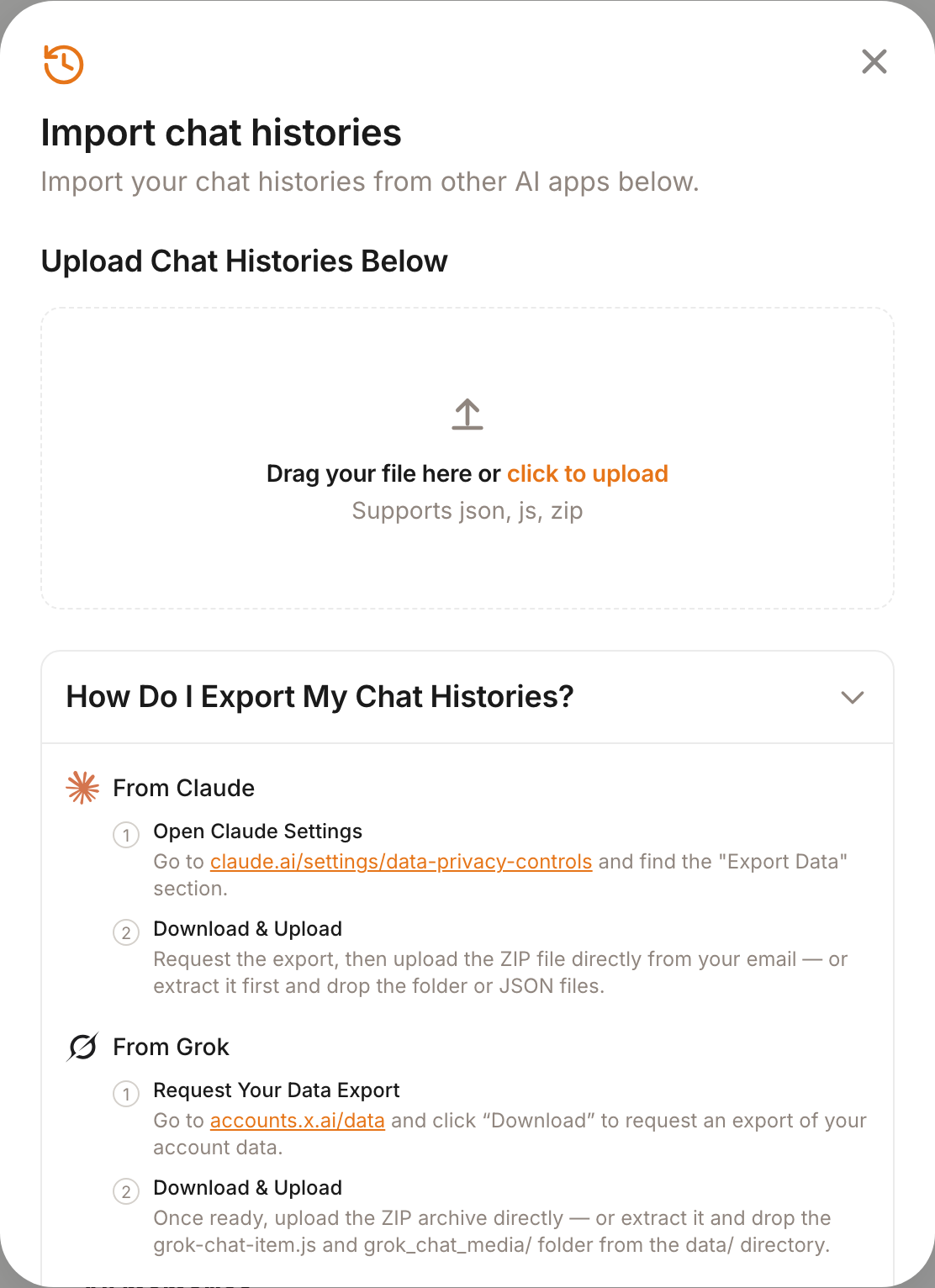 Import Chat Histories dialog with upload area and step-by-step export instructions for Claude, Grok, and ChatGPT