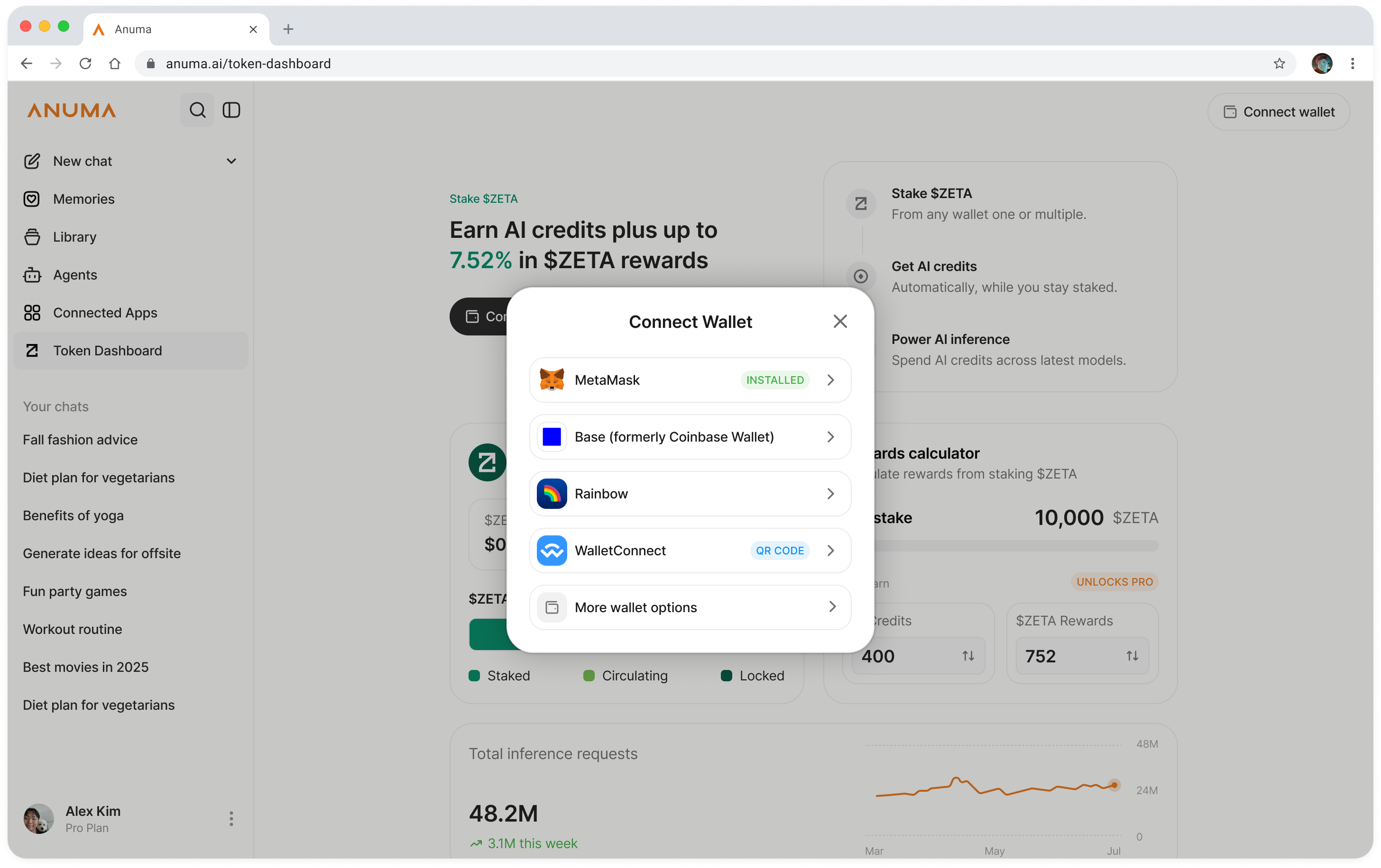 Connect Wallet dialog listing MetaMask (Installed), Base (formerly Coinbase Wallet), Rainbow, WalletConnect (QR code), and More wallet options