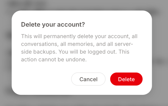 Delete your account confirmation dialog with Cancel and Delete buttons