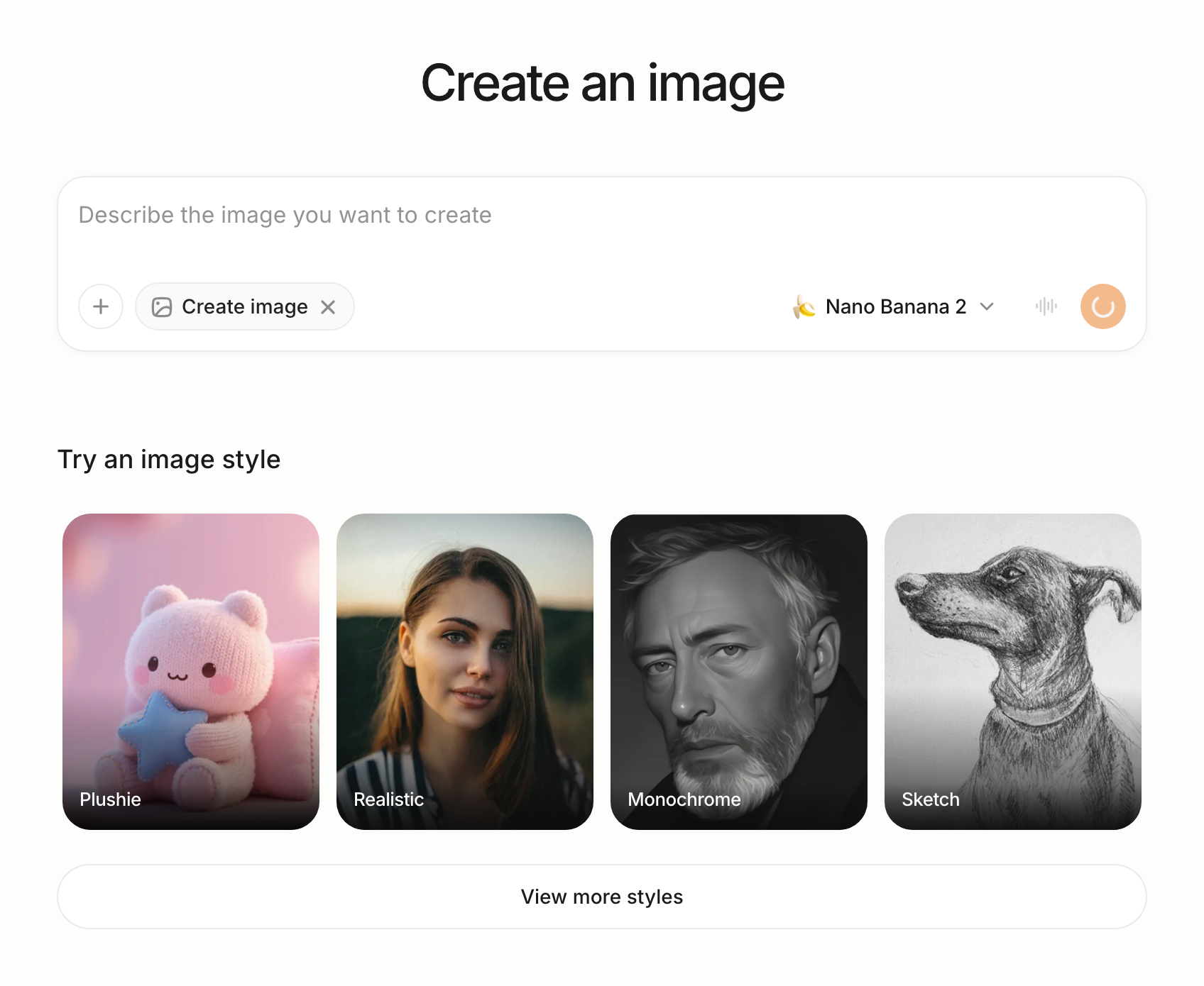 Image Studio with curated styles — Plushie, Realistic, Monochrome, Sketch