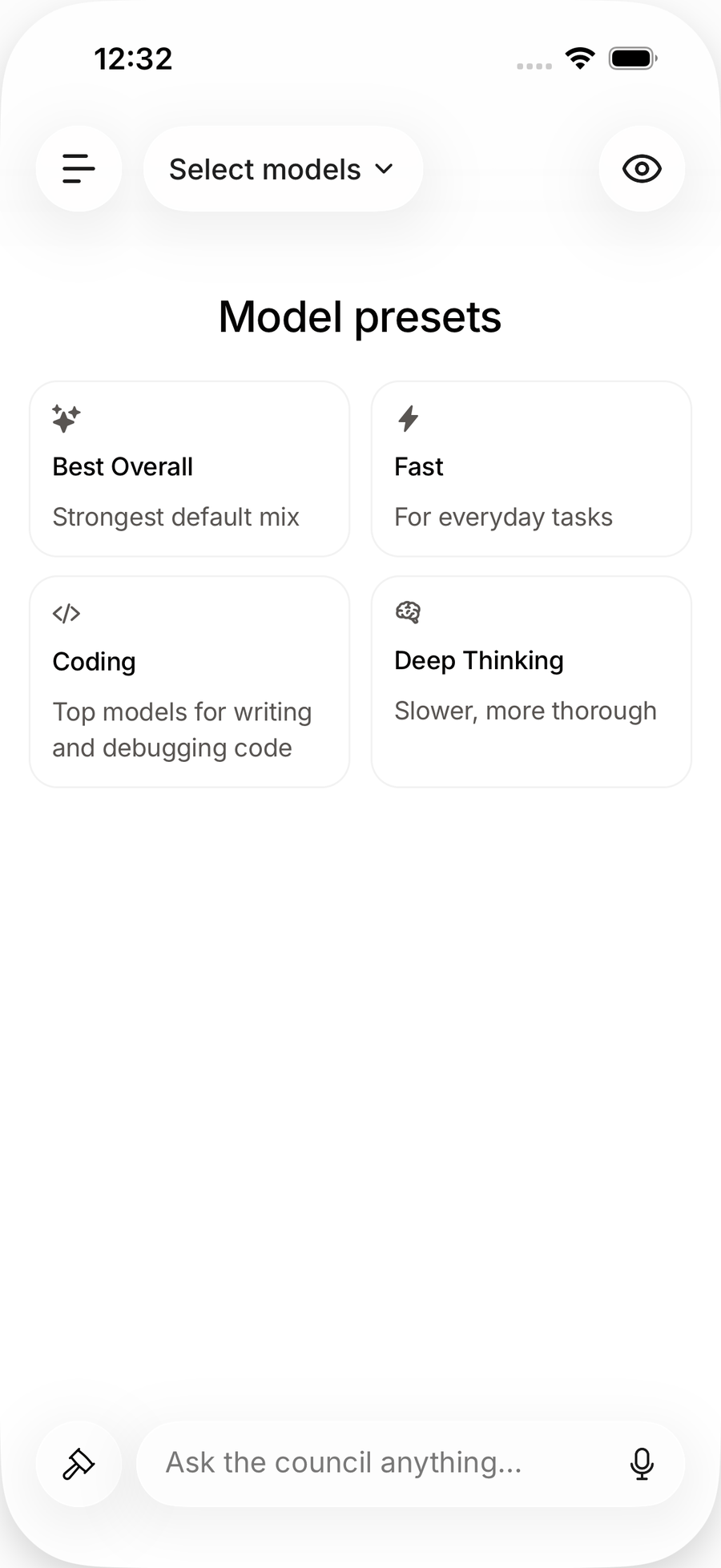 Council Mode in the iOS app with Select models in the header and the Model presets grid