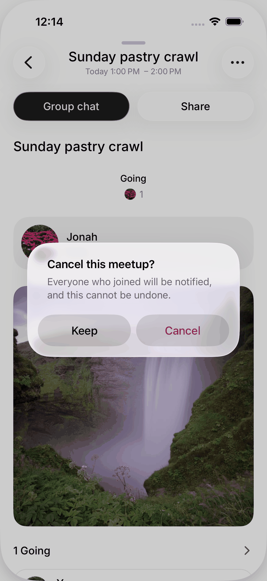 The Cancel this meetup confirmation on iOS, which warns that everyone who joined will be notified