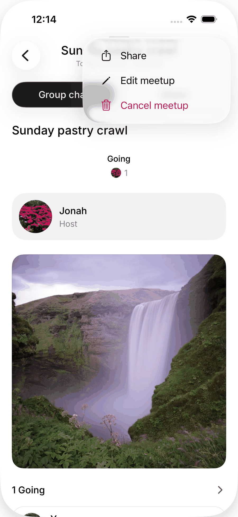 The host menu on iOS with Share, Edit meetup and Cancel meetup