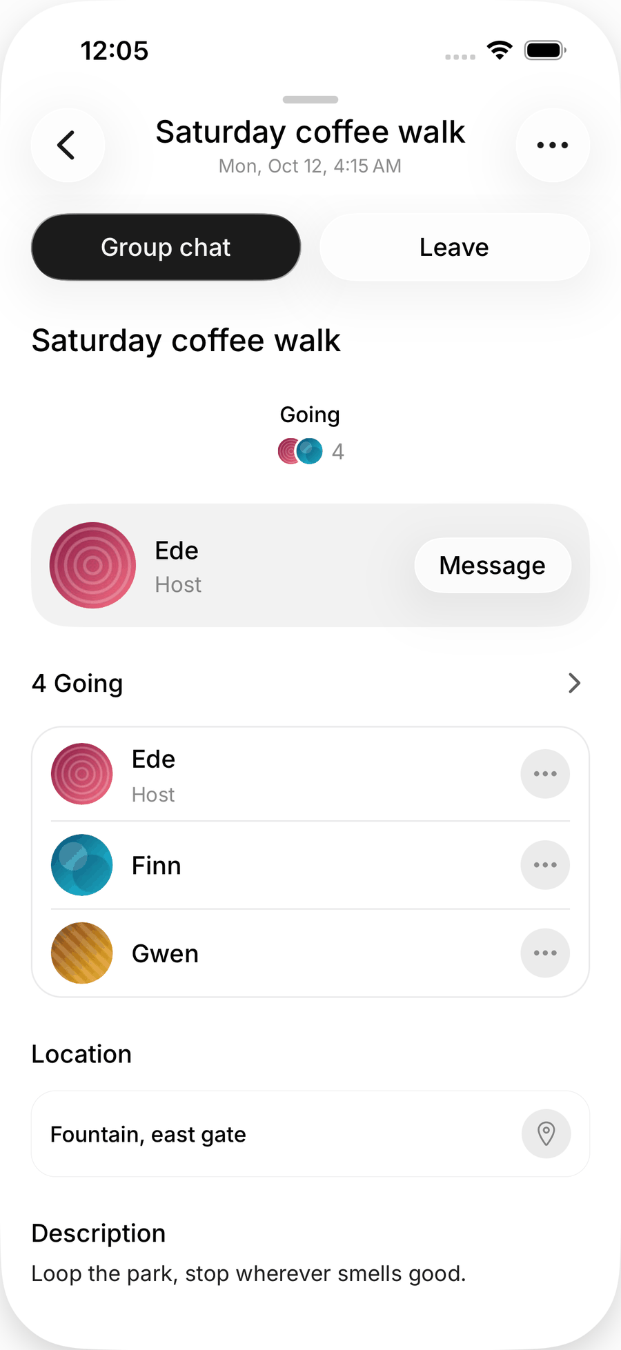 The same meetup page after joining, with Group chat and Leave buttons at the top