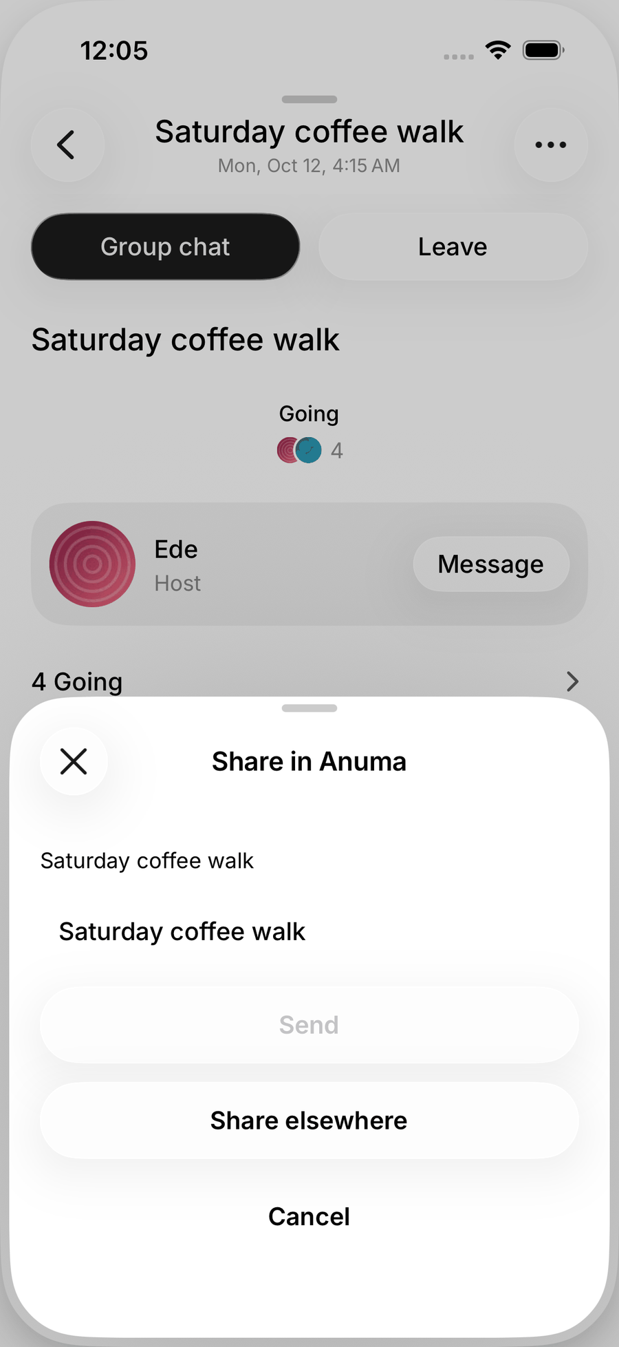 The Share in Anuma sheet on iOS with Send, Share elsewhere and Cancel