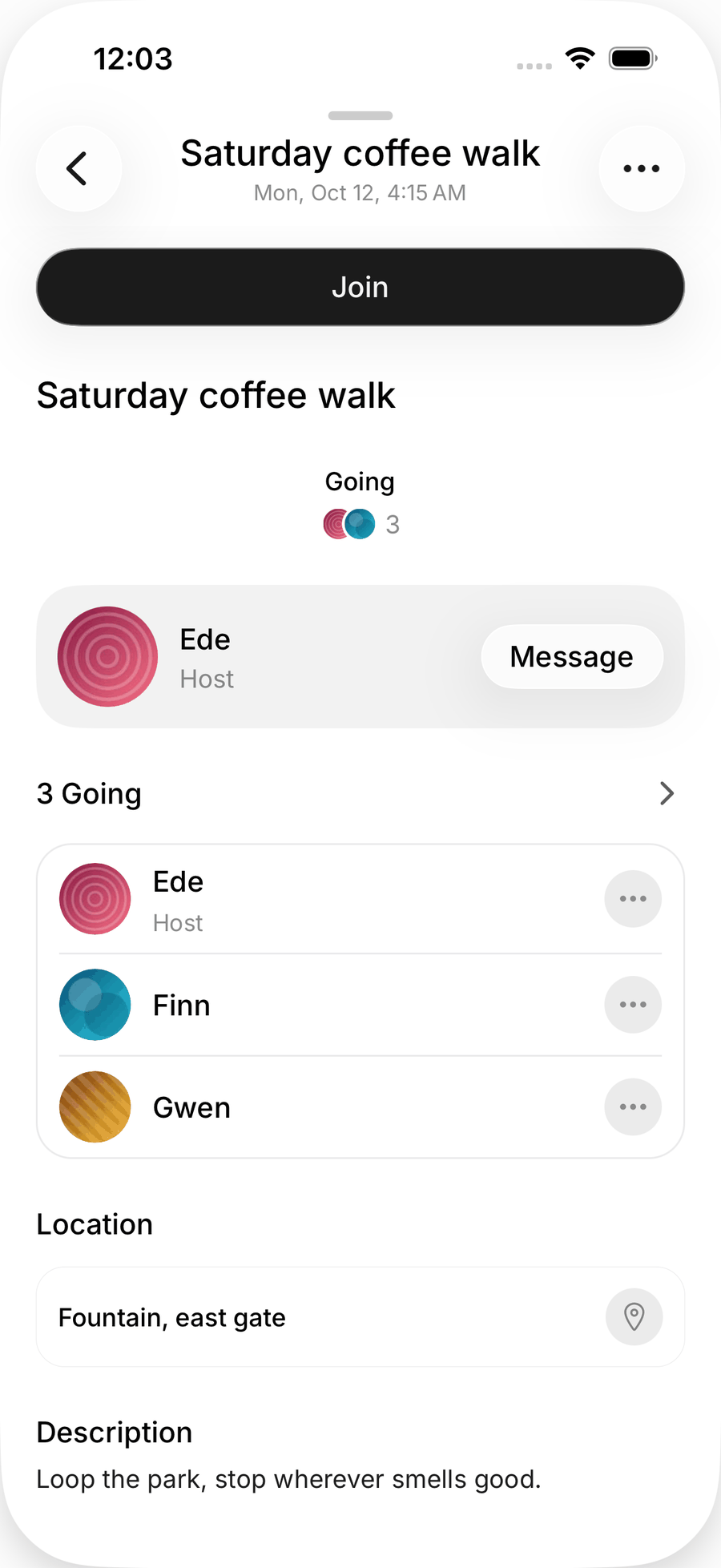 A meetup page on iOS before joining, with a Join button, the host row with a Message button, the Going list, Location and Description