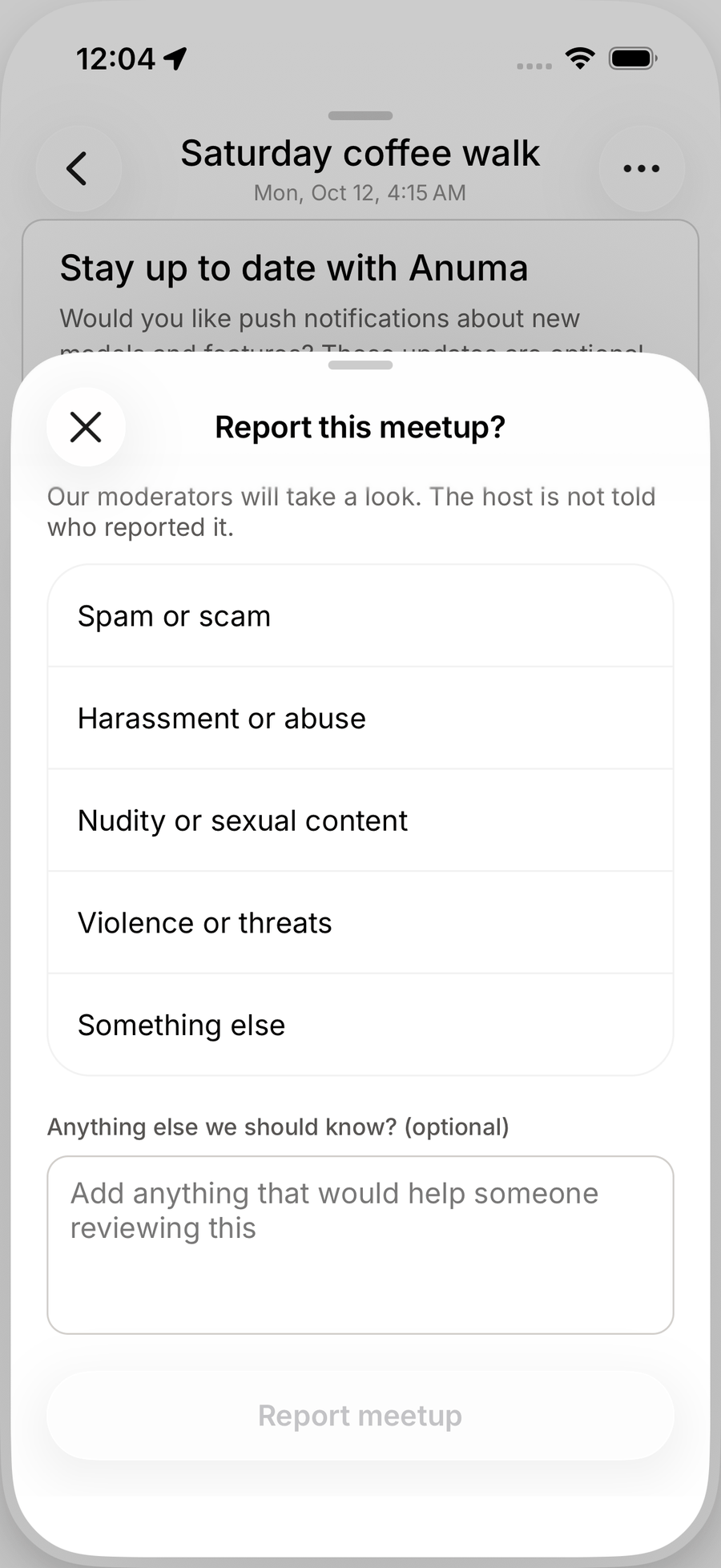 The Report this meetup sheet on iOS with a list of reasons, an optional detail box and a Report meetup button