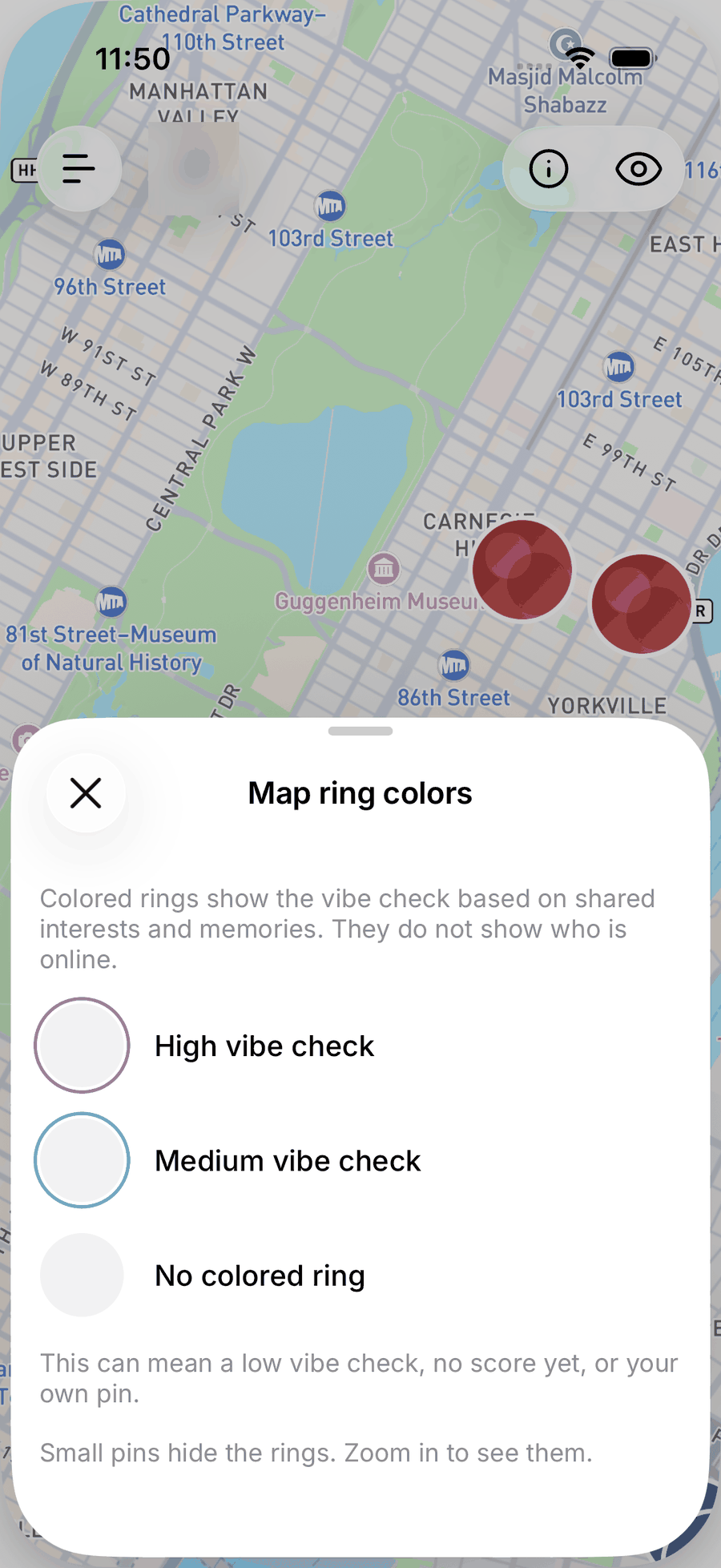 The Map ring colors sheet on iOS listing High vibe check, Medium vibe check and No colored ring