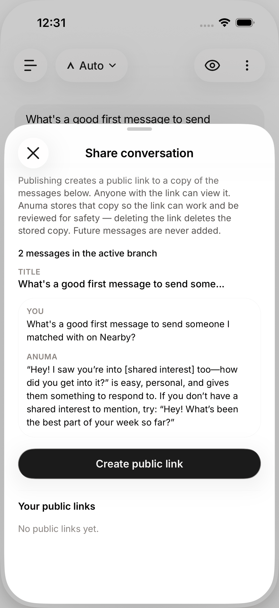 The Share conversation sheet in the iOS app with the explanation, a preview of the messages, the Create public link button and Your public links