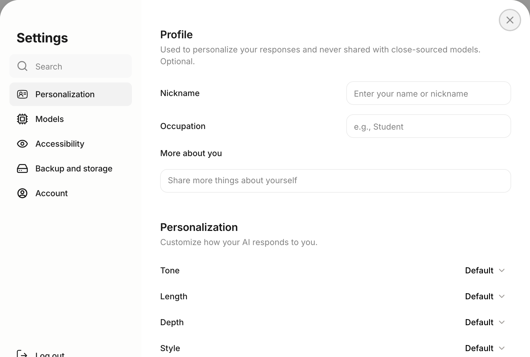 Anuma Settings open to the Personalization panel on the web, showing the Profile fields and the Tone, Length, Depth, and Style dropdowns