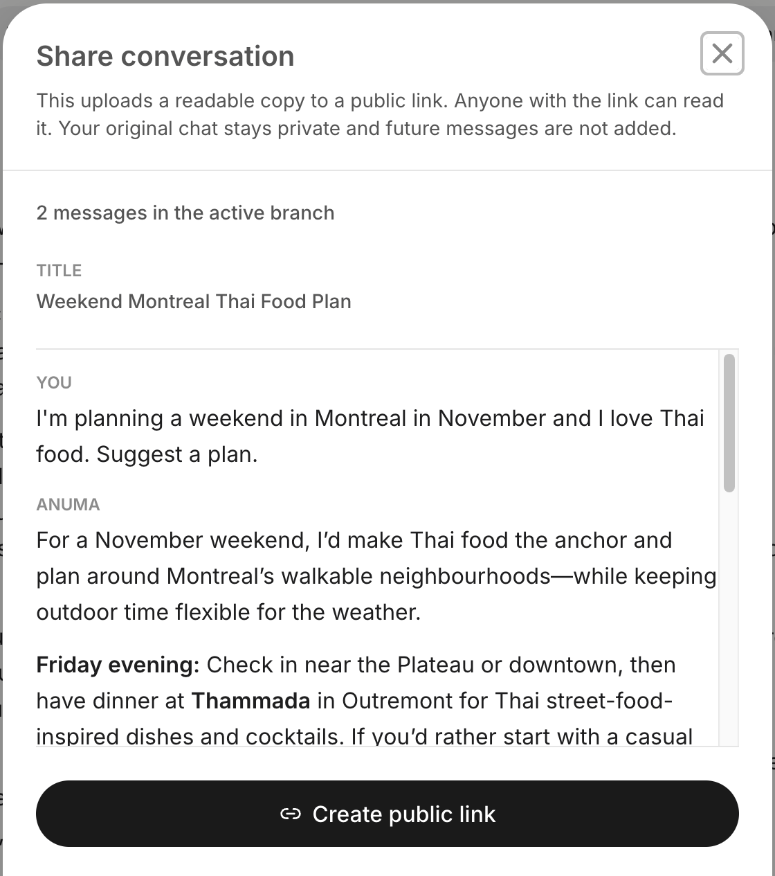 The Share conversation dialog on the web with the explanation text, the chat title, a preview of the messages and the Create public link button