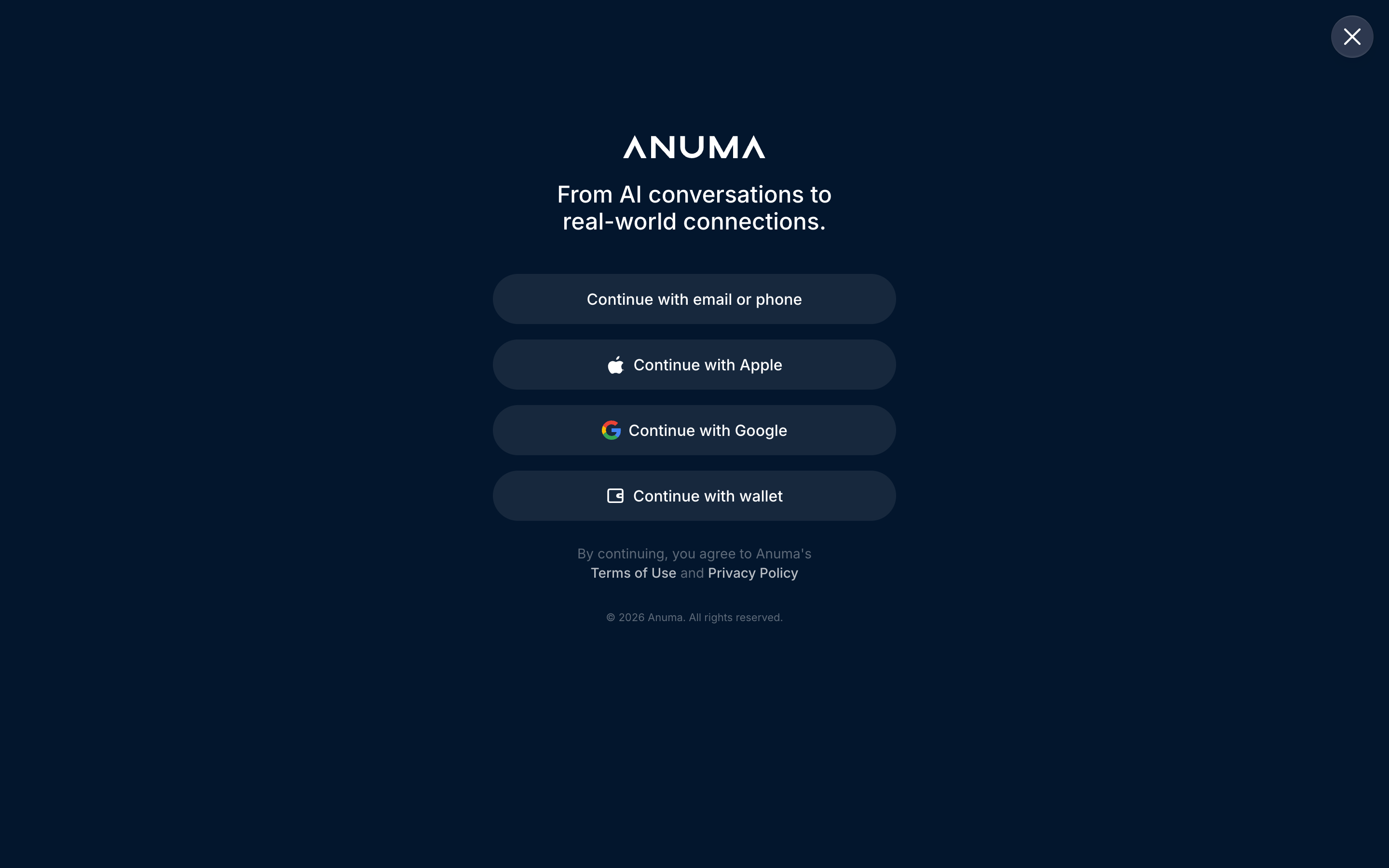 Anuma sign-in options on the web