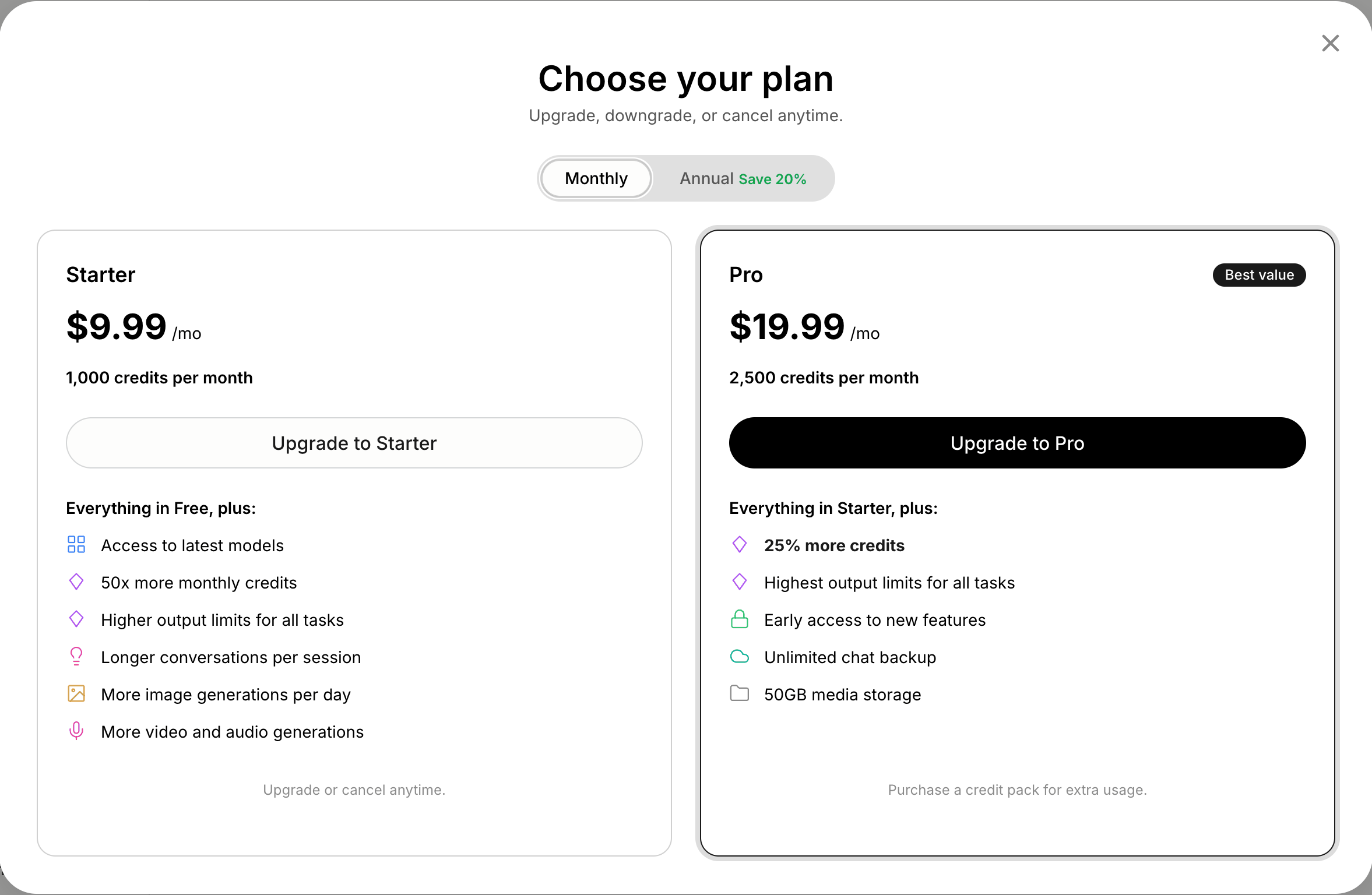 The Choose your plan dialog on the web with the Starter and Pro plans, their monthly credits and the Monthly or Annual toggle