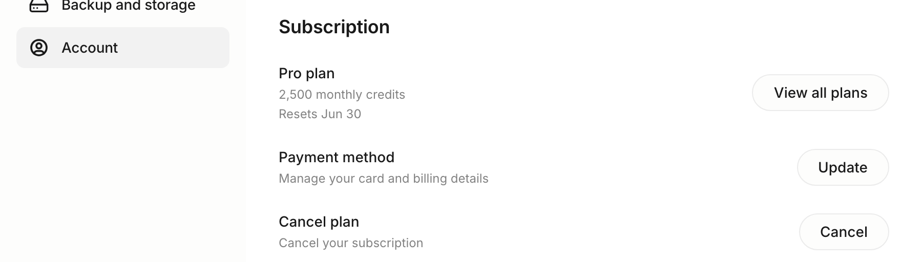 Subscription settings showing the active Pro plan with its monthly credits, renewal date, and payment and cancel controls