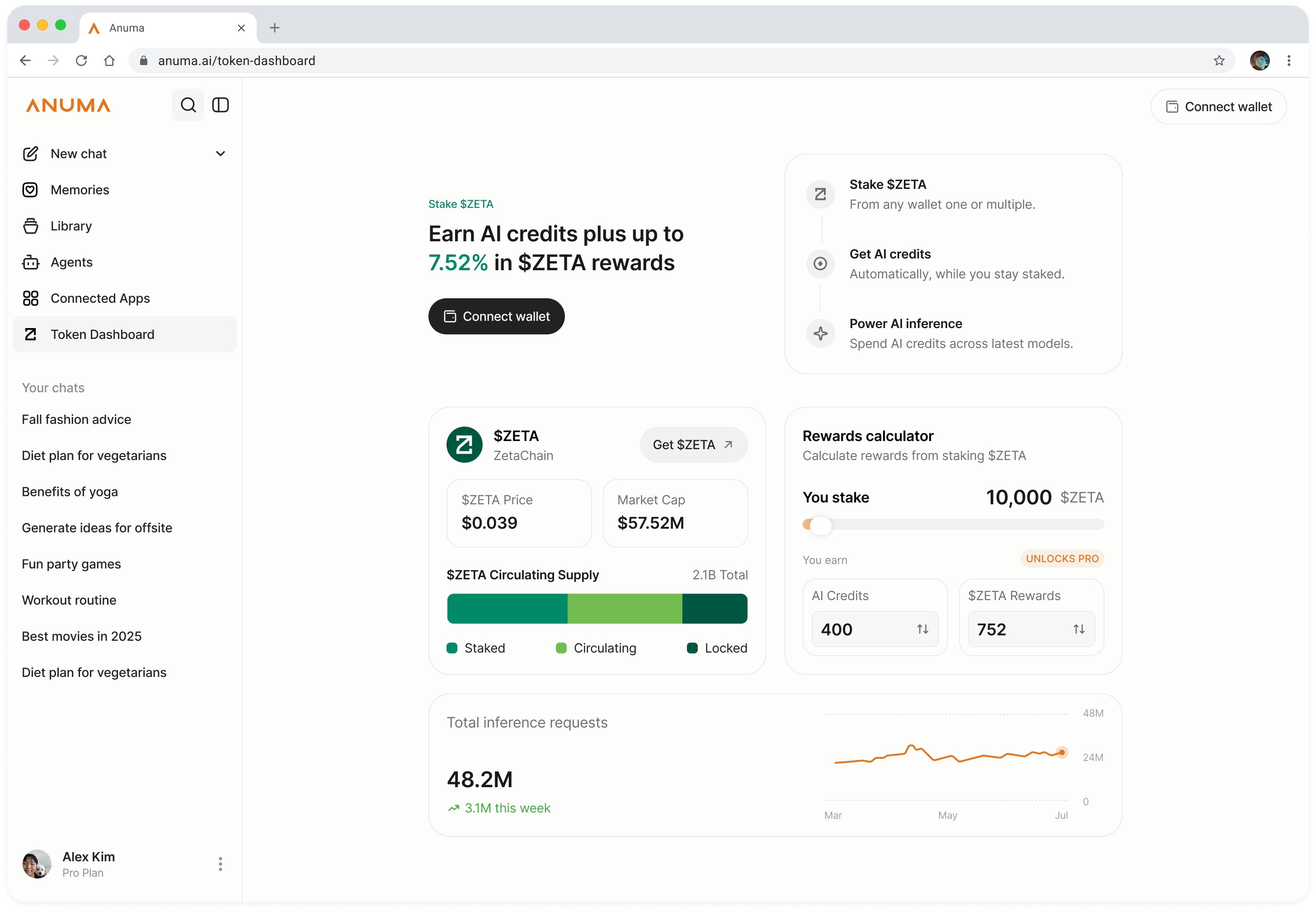 Token Dashboard showing the "Earn AI credits plus ZETA staking rewards" headline, a Connect Wallet button, and the Stake ZETA → Get AI credits → Power AI inference steps, alongside the live $ZETA market card and rewards calculator